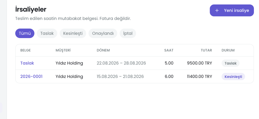 Müşteri belgesi ekranı