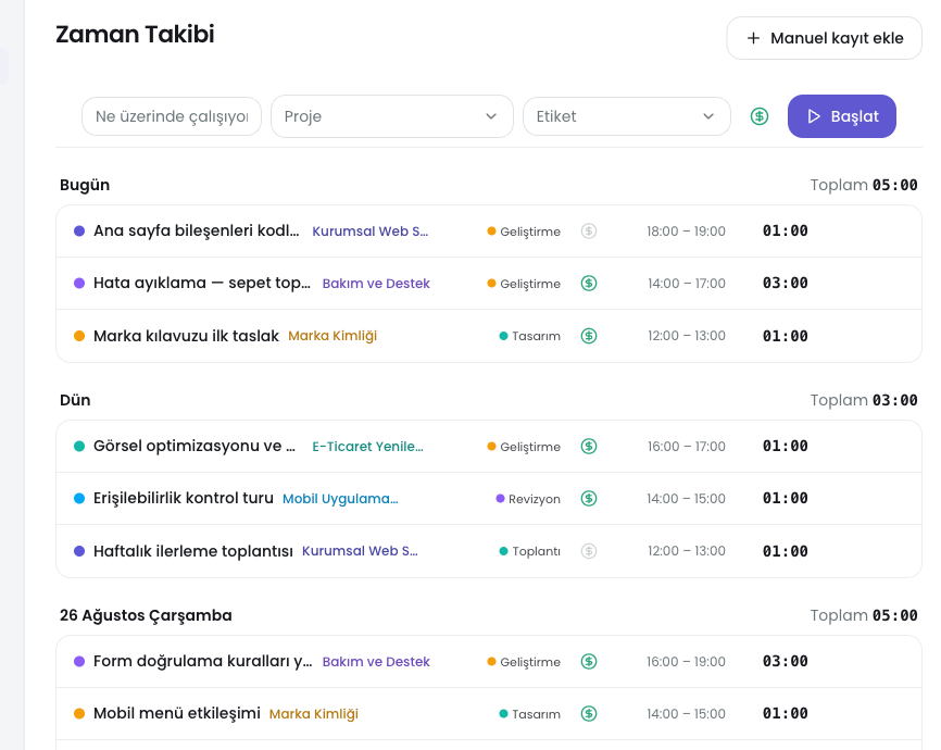 Zaman takibi ekranı